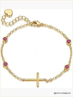 18K Gold Gemstone Birthstone Bracelet Cross Charm